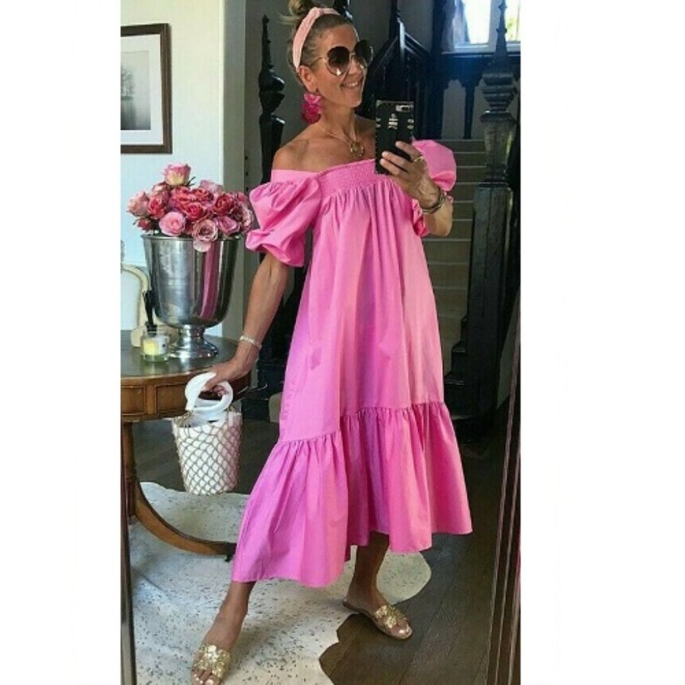 H&M Pink Puff Sleeve Voluminous Midi Dress XS Blogger Favorite NEW - Picture 5 of 14